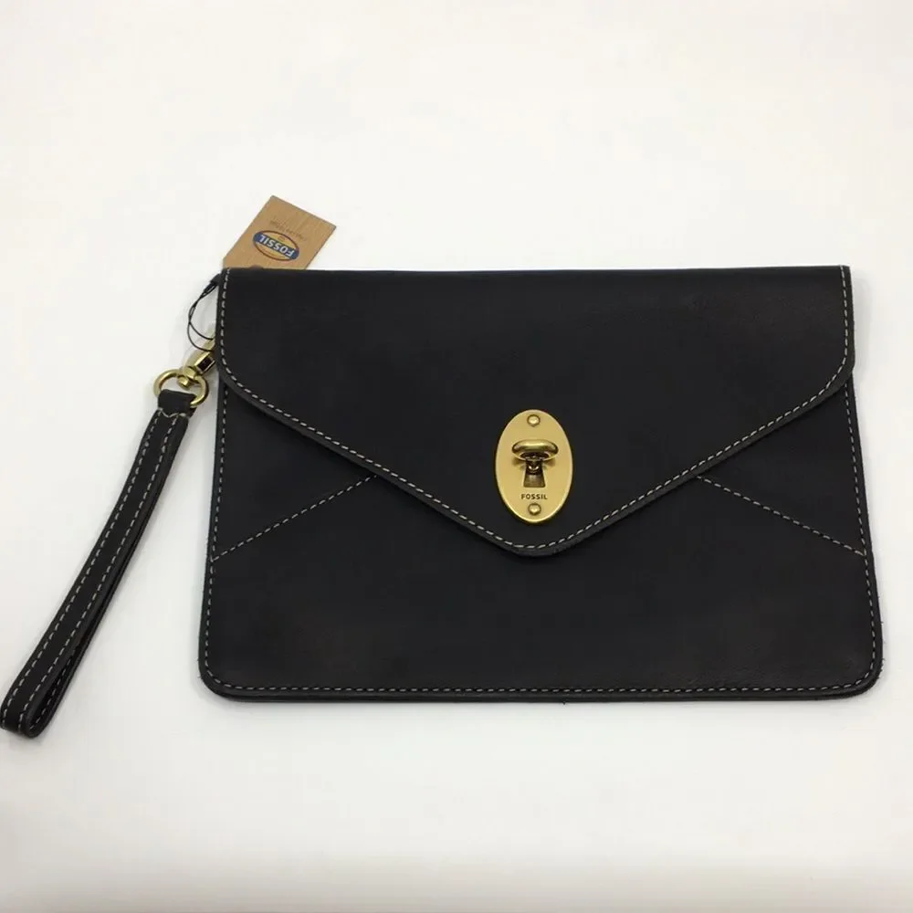 NWT Fossil Austin Clutch Black Leather Brass Hardware Removeavke Wristlet Strap